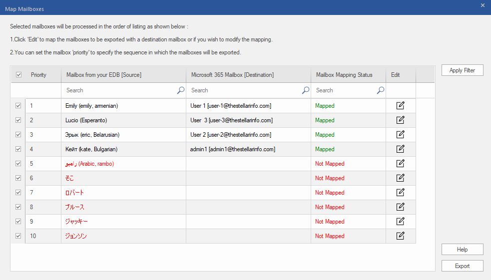 Map Mailboxes screen appears. This screen can be used for functions such as setting priority to export the mailbox data, map source mailboxes to desired destination mailboxes, applying a filter for exporting the data, etc.